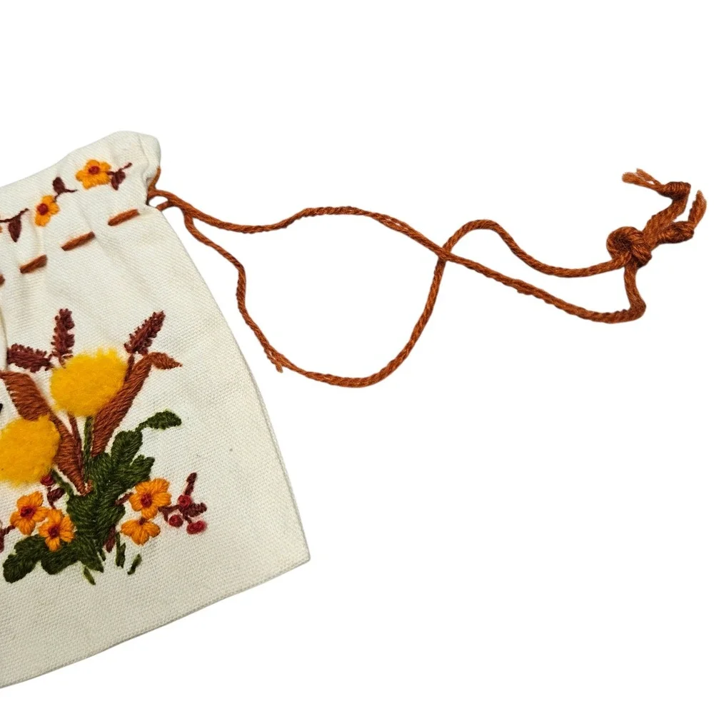 Hand Embroidered Drawstring Pouch Bag Floral Bee Cottagecore Keepsake Gift Indie